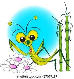 Praying Mantis with flowers and bamboo - Kid Illustration, label and scrapbook useful