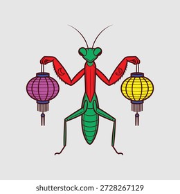Praying Mantis Holding Two Colorful Chinese Lanterns Illustration