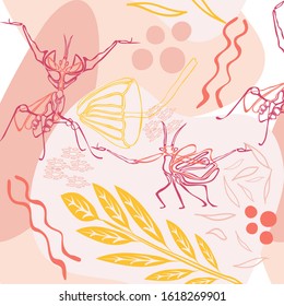 Praying mantis meditate vector pink seamless pattern