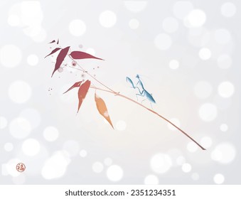 Praying mantis on bamboo tree branch. Traditional oriental ink painting sumi-e, u-sin, go-hua. Translation of hieroglyph - well-being.