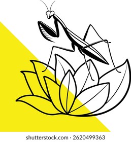 Praying Mantis on Leaves – A Praying Mantis Perched Among Stylized Leaves in Bold Line Art - A Praying Mantis in Harmony with Nature Captured silhouette
