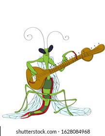 Praying Mantis Playing Sitar, Vector Cartoon Sketch Over White