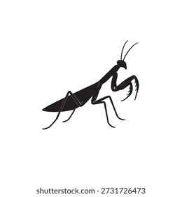 Praying mantis silhueta ícone técnica flat sketch vetor mockup ilustração.