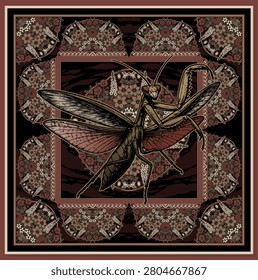 Praying Mantis Silk Scarf Pattern Victorian Gothic Botanical Frame Vintage Art Nouveau Bandana Rug