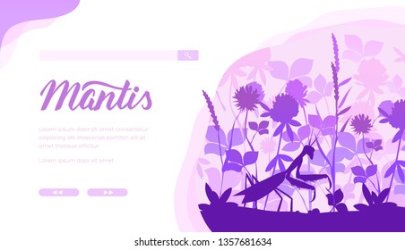 Praying Mantis vector landing page template. Entomology website design. Bugs and beetles exhibition web banner with copyspace. Insects species webpage idea. Monochrome minimalistic illustration
