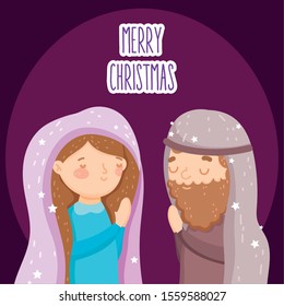 praying mary and joseph, merry christmas vector illustration