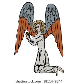 Praying medieval angel. Isolated vector illustration. Hand drawn colorful doodle sketch.