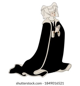 Praying medieval lady. Isolated vector illustration. 