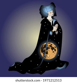Praying medieval lady as starry night with full moon. Goddess Nyx or Selene. Creative concept for lunar feminine energy. Isolated vector illustration.