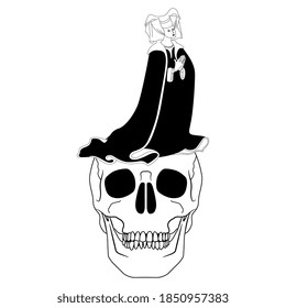 Praying medieval woman on top of human skull. Creative concept for human mortality. Life and death. Black and white silhouette.