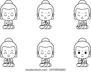 Praying monk, Cute monk character and Buddhist culture mega set. Vector illustration with outlines. Set of Buddhism element linear icon. Such as temple, monk, Buddha image. Line art. Format HD. EPS 10