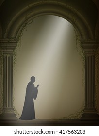 praying monk in the monastery in sepia color,  vector