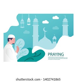 praying with mosque in the background illustration