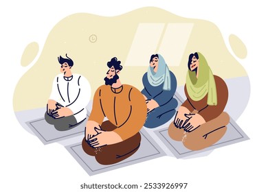 Praying muslim family kneels on friday prayer mats, saying islamic prayer. Muslims of different genders and ages during traditional ritual in holy month of ramadan or kurban bayram