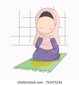 Praying Muslim Girl.Girl Cartoon Character without Eyes.Vector Illustration