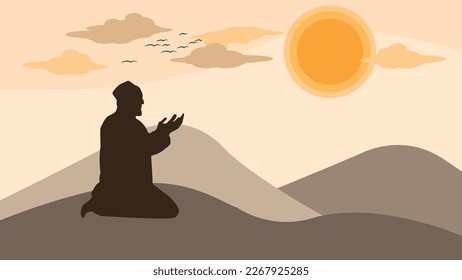 praying muslim man silhouette during sunset desert mountain ramadhan