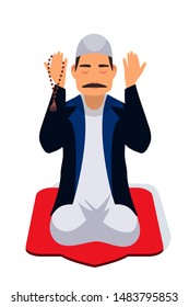 Praying muslim man vector illustration. Islamic prayer with closed eyes sitting on floor and holding beads isolated flat cartoon character. Religious person celebrating Ramadan. Islamic culture
