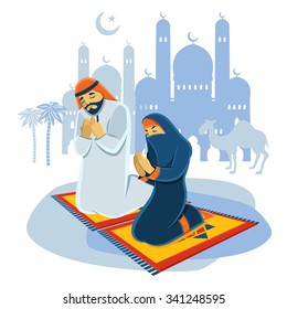 Praying muslim man and woman concept with camel and mosque flat vector illustration 