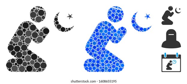 Praying muslim mosaic of round dots in different sizes and color hues, based on praying muslim icon. Vector round dots are grouped into blue collage.