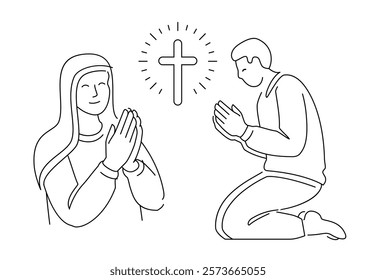 Praying on his knees. Prays with clasped hands. Bible, prayer, church service symbol