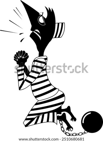 Praying on the knees prisoner man.
Cartoon prisoner man with an iron ball chained to his foot stays on the knees and prays. Black and white illustration
