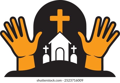 Rezando mãos laranjas Alcançando de Grave com logotipo da Igreja - Ícone de Halloween