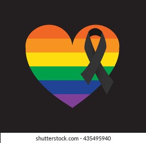 Praying for Orlando victims of mass shooting. Gay colors heart shape with black ribbon vector.