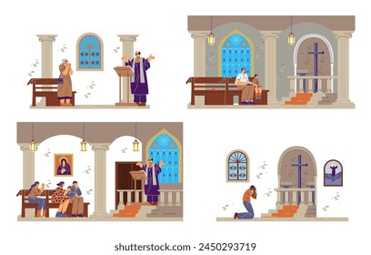 Gente orando en Ilustraciones vectoriales de la iglesia. Las personas religiosas cristianas rezan a Dios, confiesen. El sacerdote hace un discurso de liturgia. La tradición confía en la fe y la religión ortodoxa