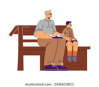 Praying people on benches with Bible book in church. Christian religious man and boy on a liturgy service. Tradition trust faith and Orthodox religion. Vector illustration isolated on white