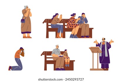 Praying people vector illustrations set. Christian religious persons pray to God isolated on white, feeling superstitious. Priest makes a liturgy speech. Tradition trust faith and Orthodox religion