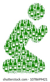 Praying Person collage of wine bottles and circles in different sizes and green colors. Vector objects are formed into praying person collage. Alcohol vector illustration.