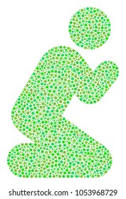 Praying Person mosaic of circle dots in variable sizes and ecological green color hues. Dots are combined into praying person vector mosaic. Freshness vector design concept.