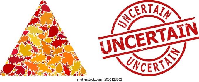 Praying Person Warning collage icon constructed for fall season, and Uncertain unclean stamp seal. Vector praying person warning mosaic is organized of scattered autumn maple and oak leaves.
