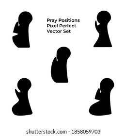 Praying positions icons vector set. Set of silhouette icons with praying men. 