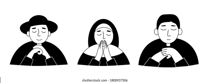 Praying priest and nun black and white avatar vector set