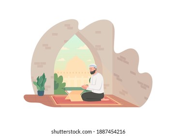 Praying with quran 2D vector web banner, poster. Hindu tradition. Worship and faith. Man reading koran flat characters on cartoon background. Muslim religion printable patch, colorful web element