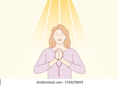 Praying, religion, christianity concept. Young desperate religious woman or girl christian cartoon character praying offering worship with beads. Asking for request faith and God blessing illustration