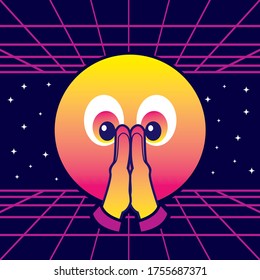 Praying retro emoji - folded hands vintage emoticon - vector illustration