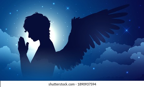 Praying silhouette of an angel on a background of the starry sky