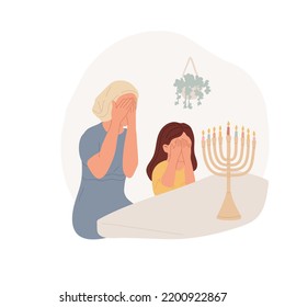 Praying together isolated cartoon vector illustration. Family praying for religious holidays, blessing on in front of menorah with candles, jewish people celebration traditions vector cartoon.