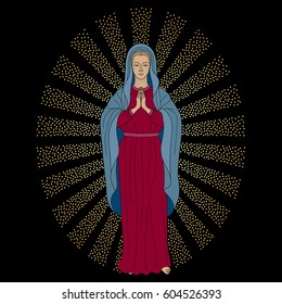 Praying Virgin Mary in the gold light . Vector illustration on black background.