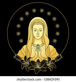 Praying Virgin Mary with stars and lilies. Outline cartoon on black background. Black and gold vector illustration.