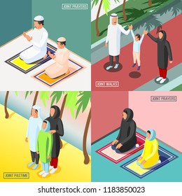 Praying and walking arabic families with their children 2x2 isometric design concept 3d isolated vector illustration