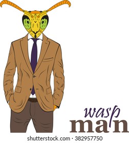 Praying wasp. Funny vector illustration. Cartoon character wasp