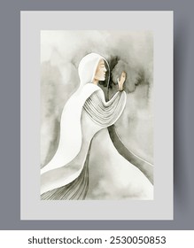 Praying woman is on knees raising palms to top on poster. Watercolor artwork. Wall art with praying believer girl in dark, dressed in long dress and veil, in frame with decor for print