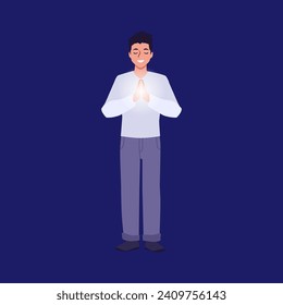 Praying young happy man putting glowing palms together. Religious believer praying to God, feeling superstitious vector illustration. Tradition Christian faith and religion.