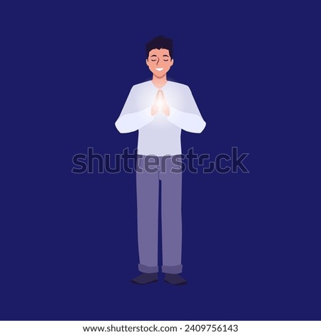 Praying young happy man putting glowing palms together. Religious believer praying to God, feeling superstitious vector illustration. Tradition Christian faith and religion.
