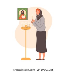 Praying young woman in a headscarf near the Jesus painting lights a candle vector illustration. Christian religious person pray to God, feeling superstitious. Tradition trust faith and religion