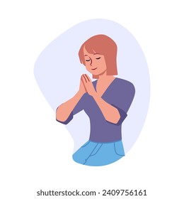 Praying young woman putting palms together. Tradition Christian faith and religion vector illustration. Religious believer praying to God Jesus, feeling superstitious isolated on white