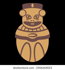 Pre Columbian egg shape idol from ancient Peru. Chancay culture. Stylized human figurine. Indigenous symbol. On black background.